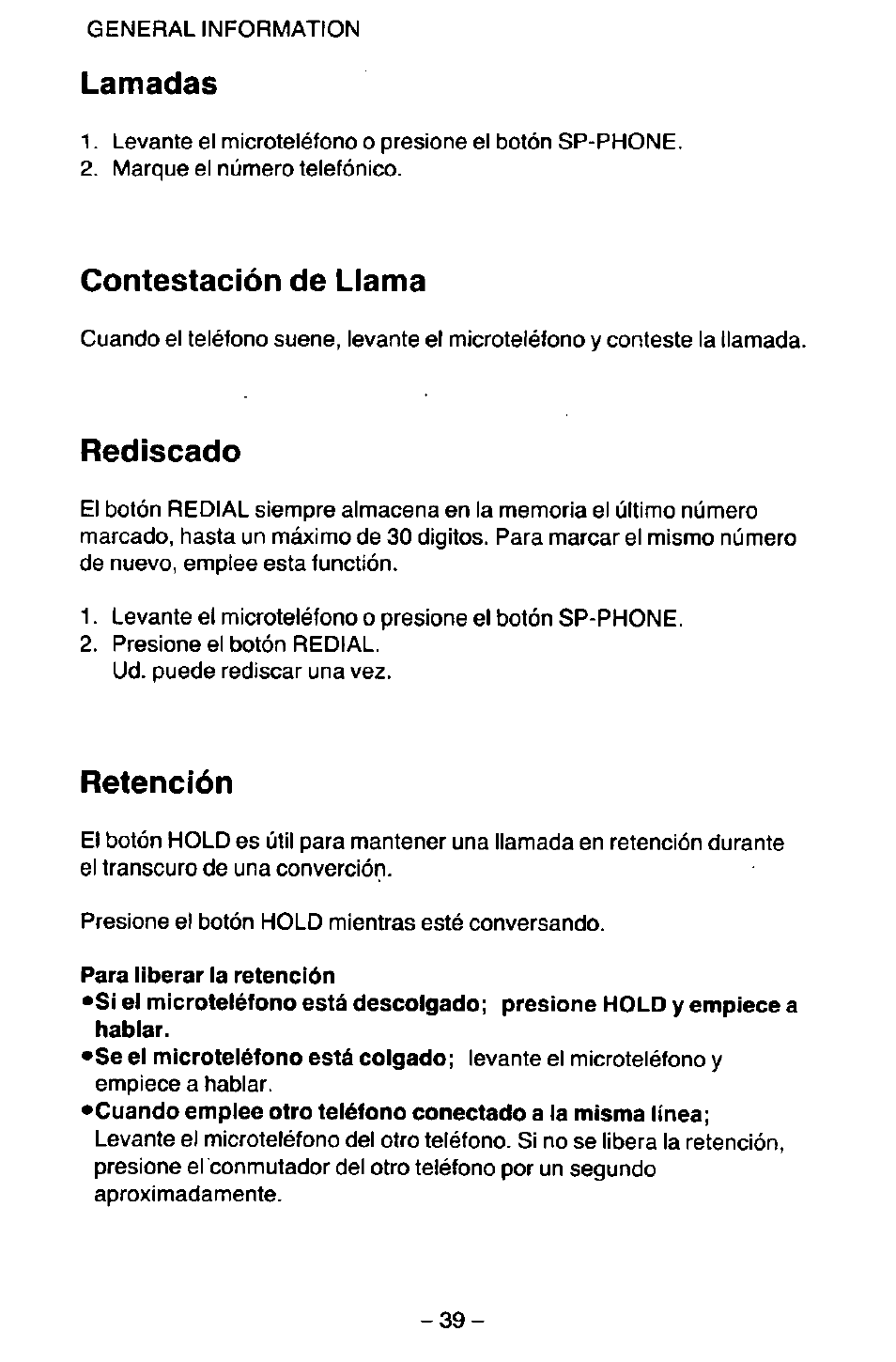 Lamadas, Contestación de llama, Rediscado | Retención | Panasonic KX-T2395D-W User Manual | Page 46 / 54