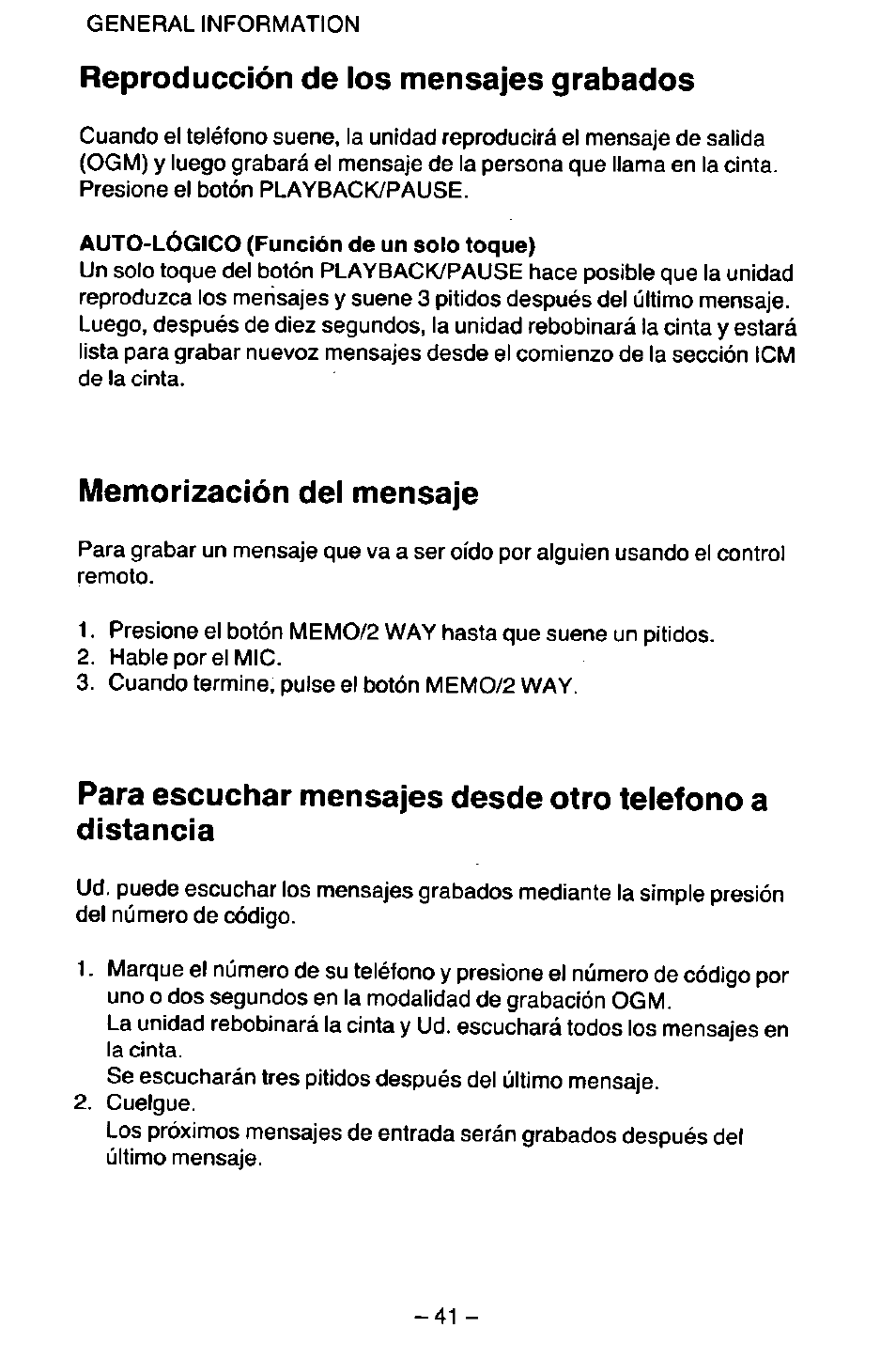 Reproducción de los mensajes grabados | Panasonic KX-T2395D-W User Manual | Page 48 / 54