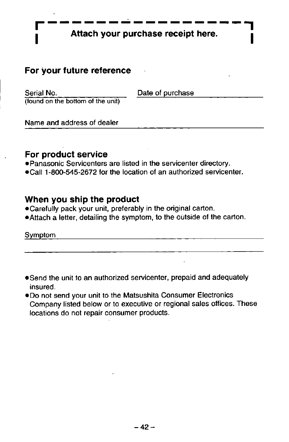 For product service, When you ship the product | Panasonic KX-T2395D-W User Manual | Page 49 / 54