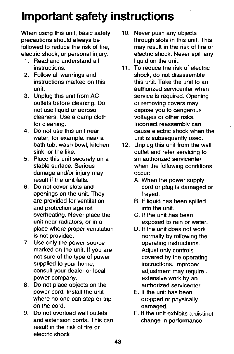 Important safety instructions | Panasonic KX-T2395D-W User Manual | Page 50 / 54