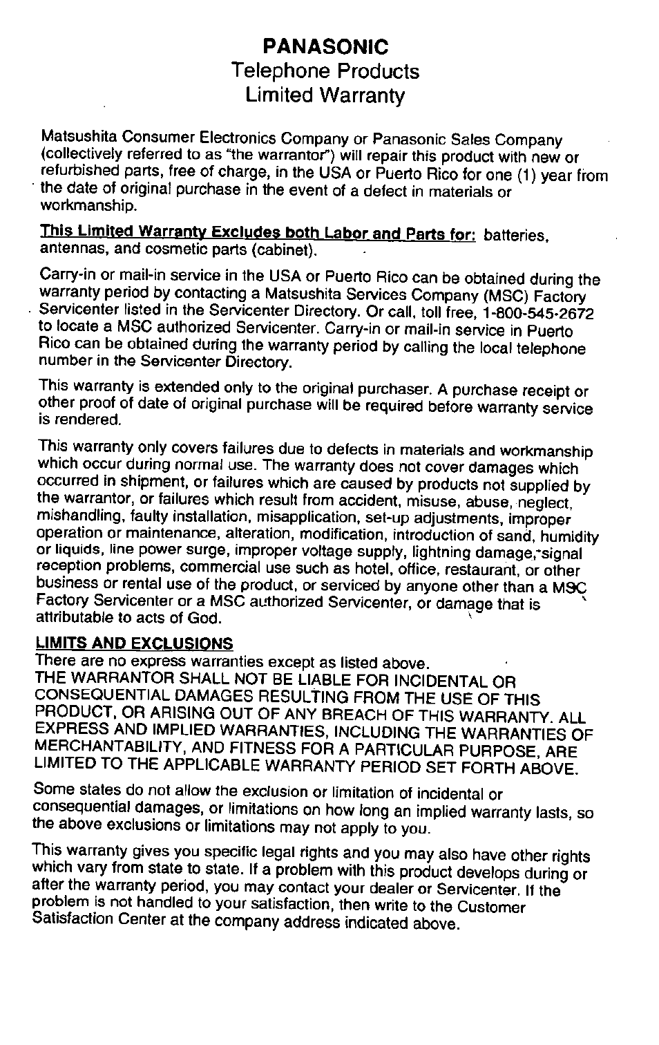 Panasonic telephone products limited warranty | Panasonic KX-T2395D-W User Manual | Page 54 / 54