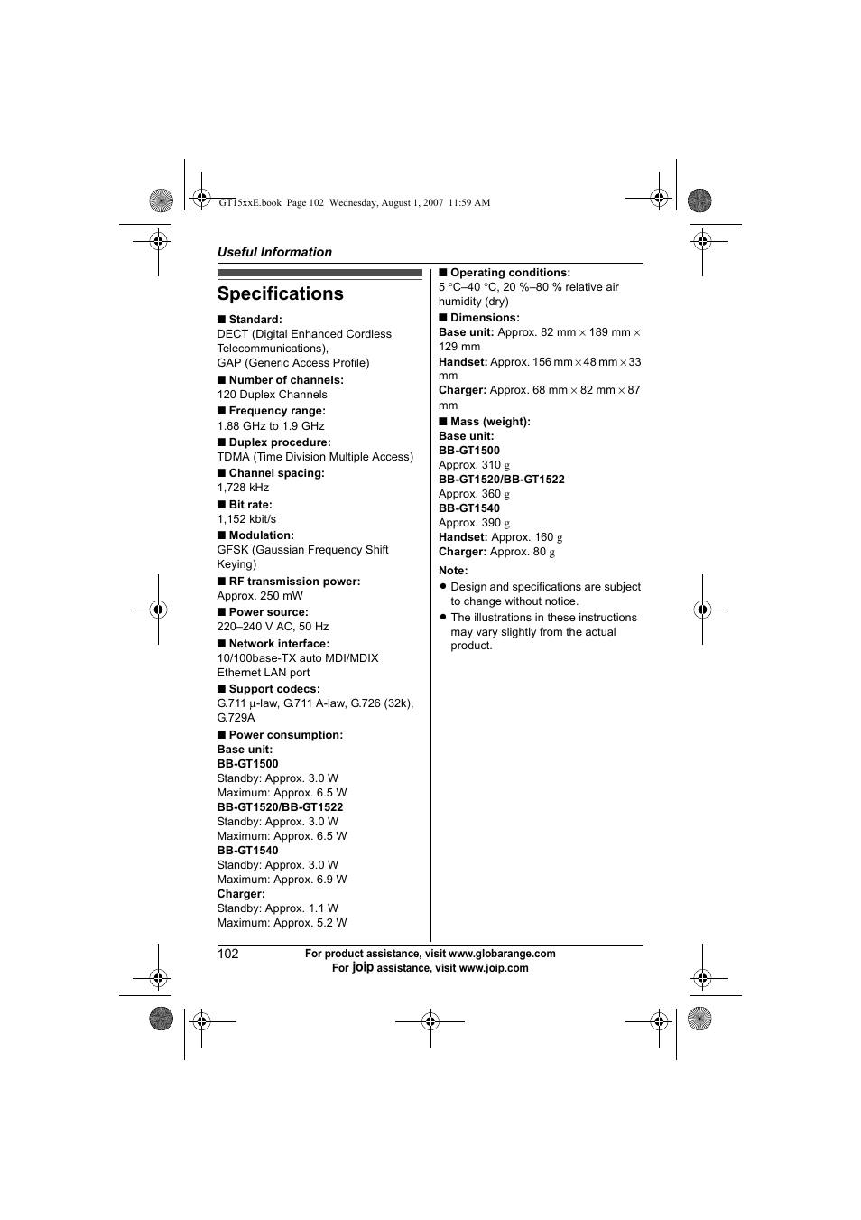 Specifications | Panasonic JOIP BB-GT1540E User Manual | Page 102 / 112