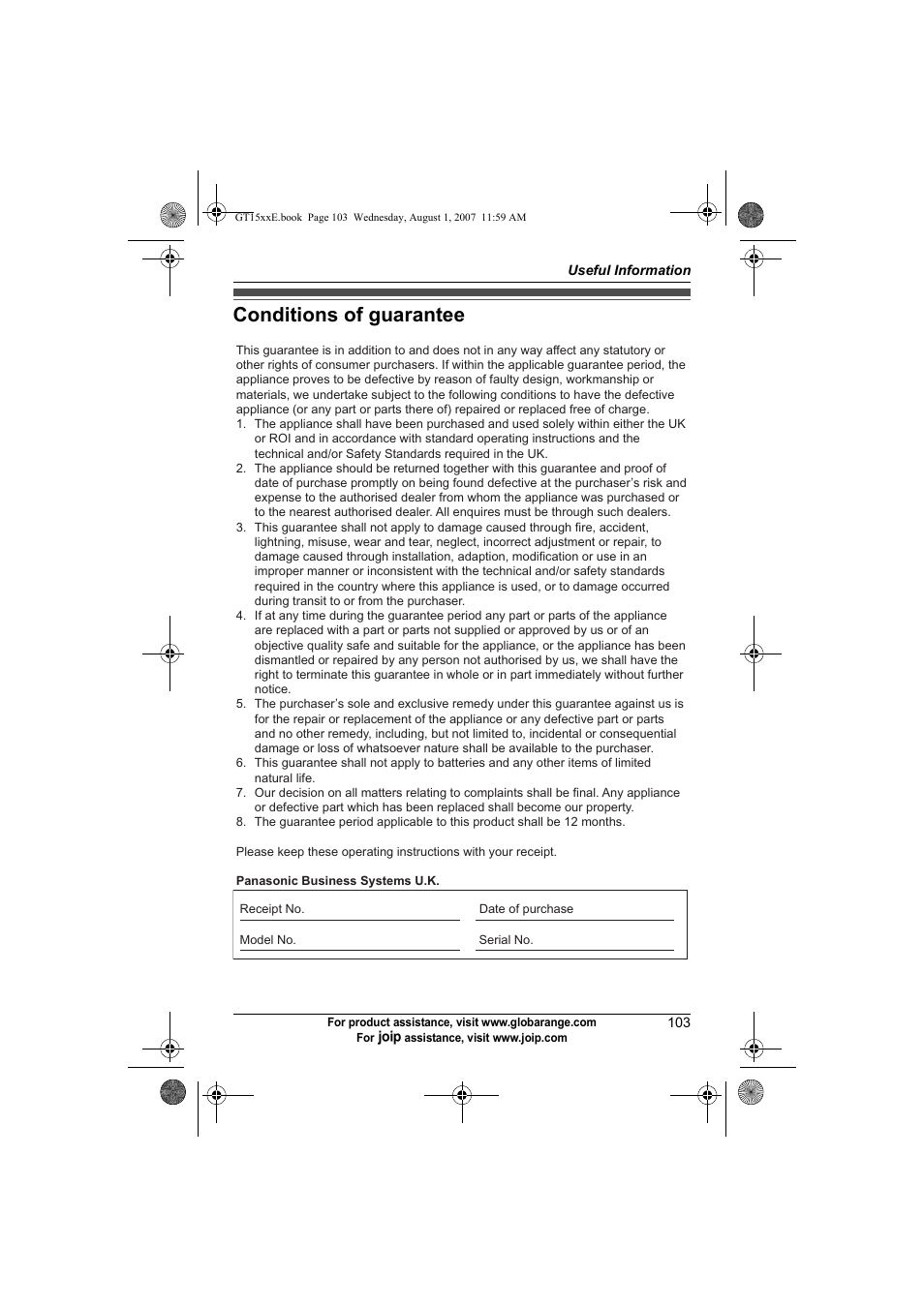 Conditions of guarantee | Panasonic JOIP BB-GT1540E User Manual | Page 103 / 112