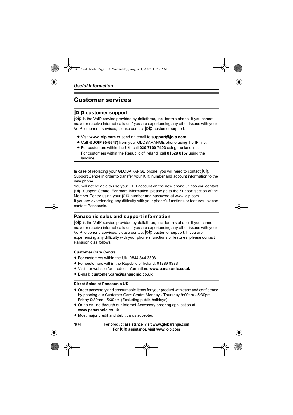 Customer services | Panasonic JOIP BB-GT1540E User Manual | Page 104 / 112
