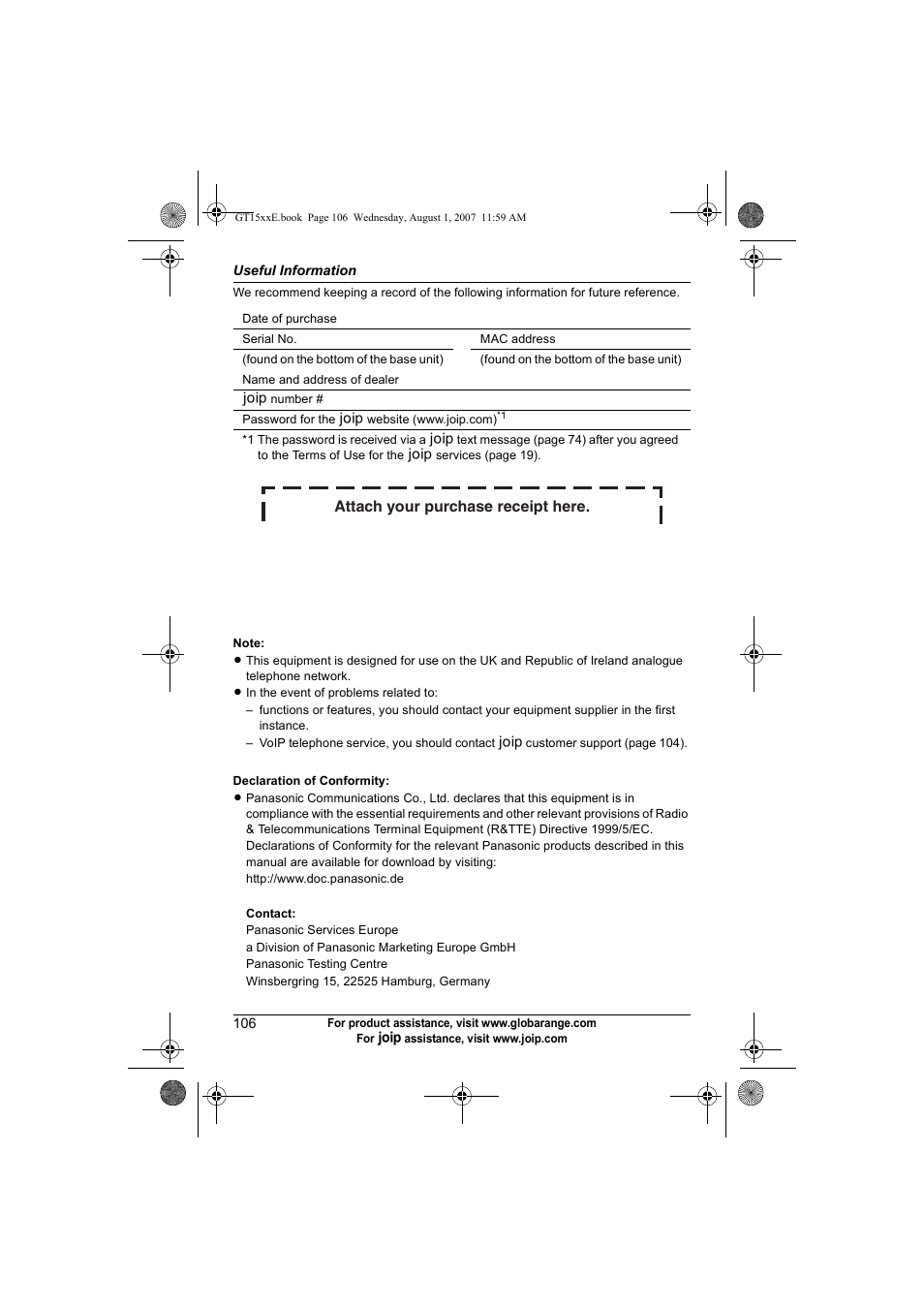 Attach your purchase receipt here | Panasonic JOIP BB-GT1540E User Manual | Page 106 / 112