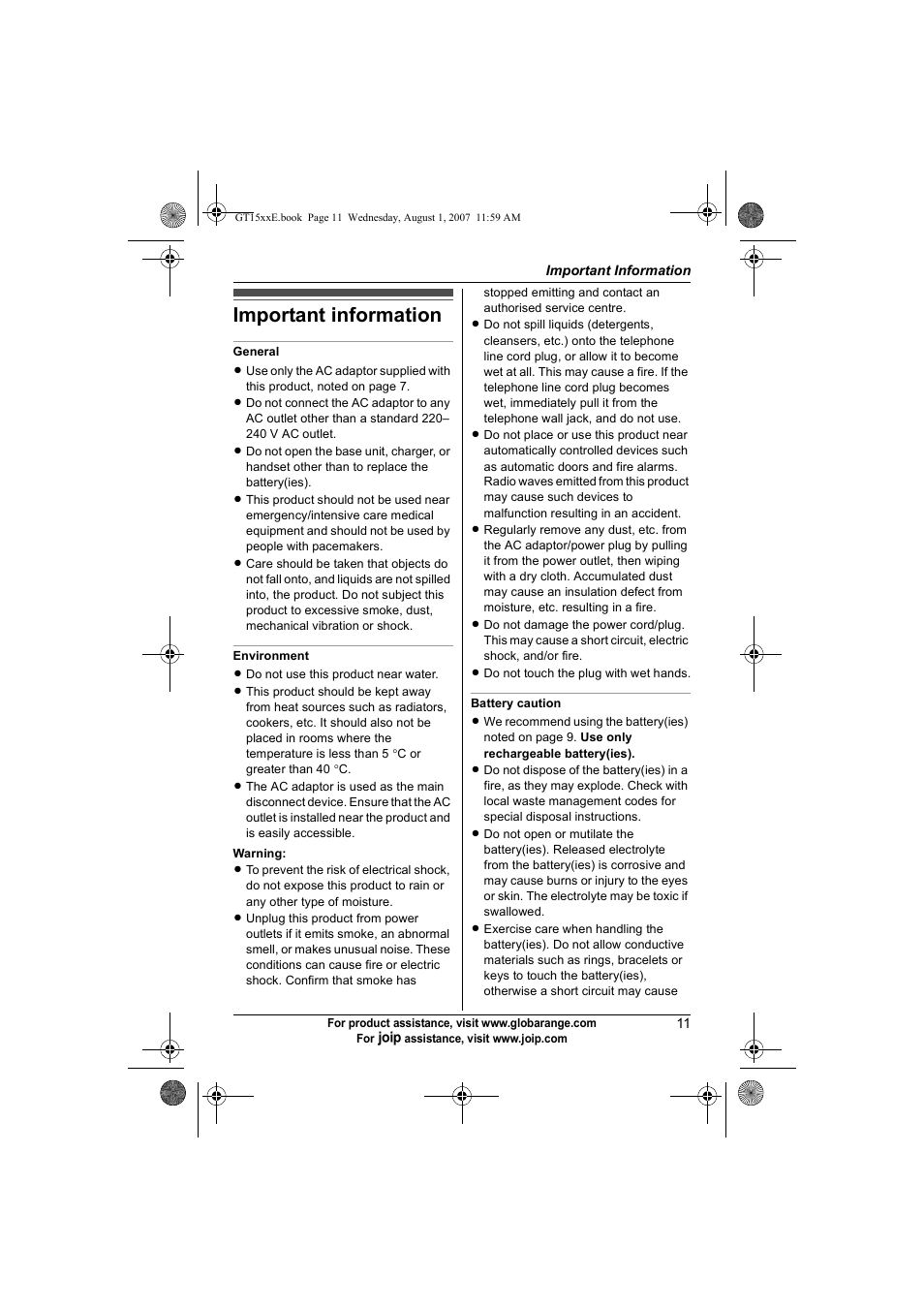 Important information | Panasonic JOIP BB-GT1540E User Manual | Page 11 / 112