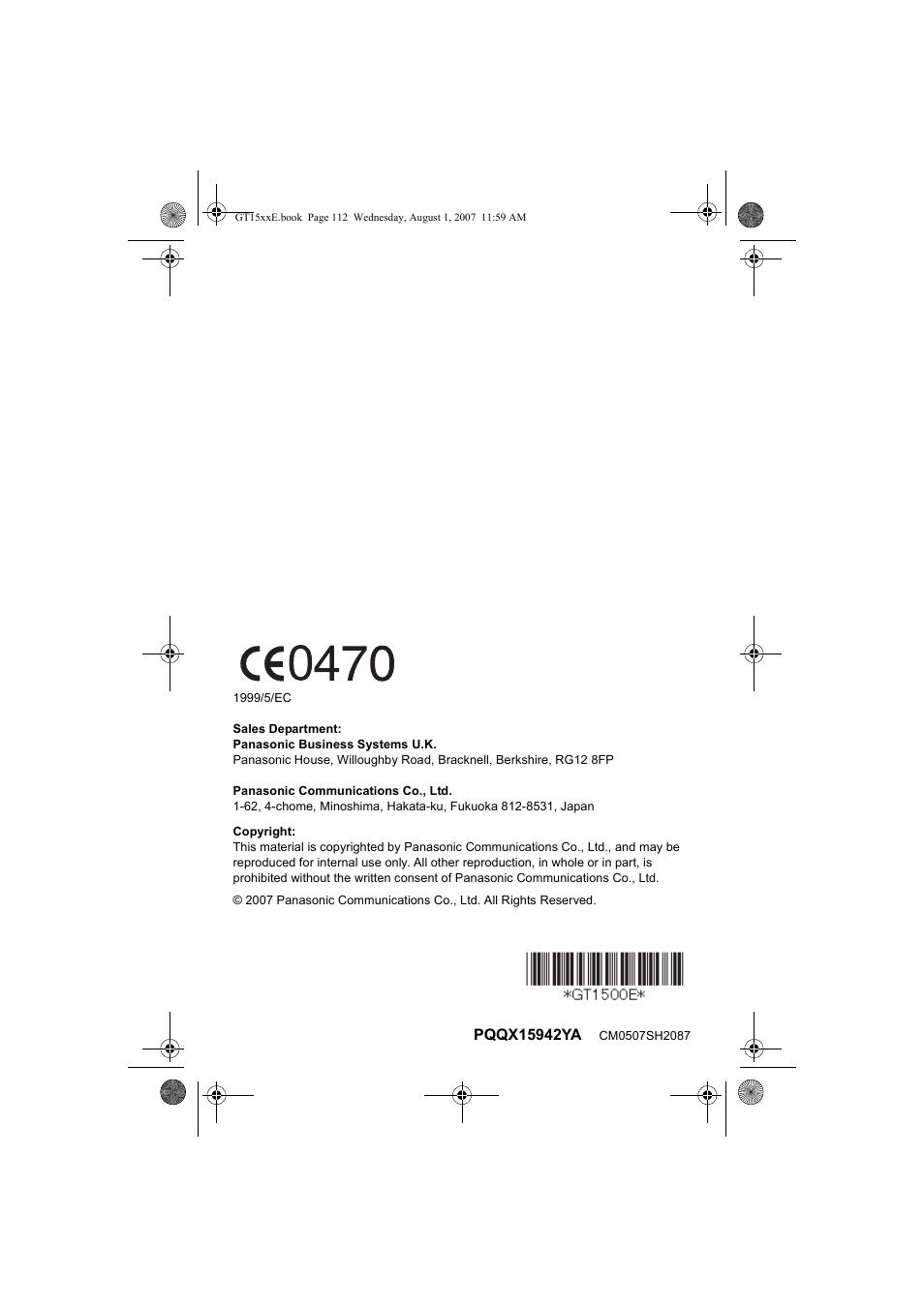 Panasonic JOIP BB-GT1540E User Manual | Page 112 / 112