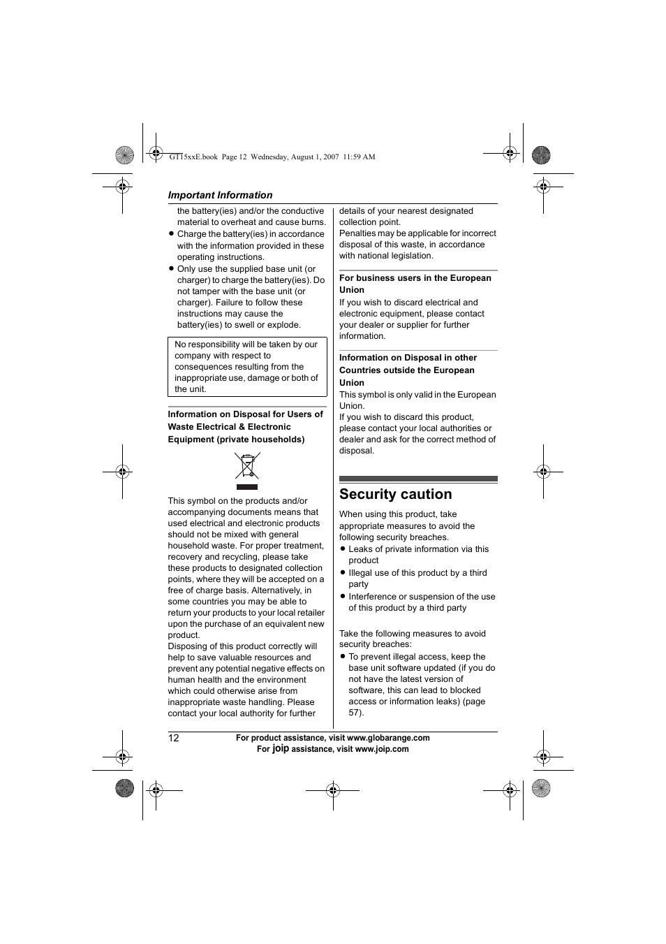 Security caution | Panasonic JOIP BB-GT1540E User Manual | Page 12 / 112