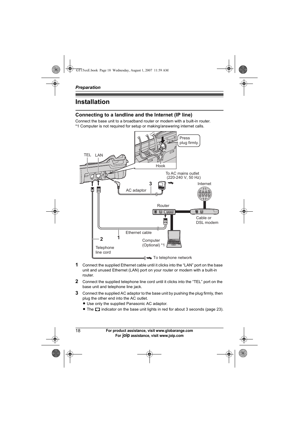 Installation | Panasonic JOIP BB-GT1540E User Manual | Page 18 / 112