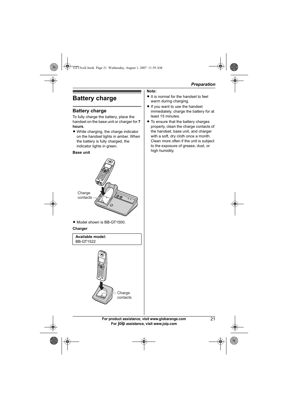 Battery charge | Panasonic JOIP BB-GT1540E User Manual | Page 21 / 112