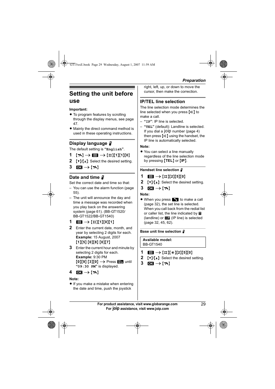 Setting the unit before use | Panasonic JOIP BB-GT1540E User Manual | Page 29 / 112