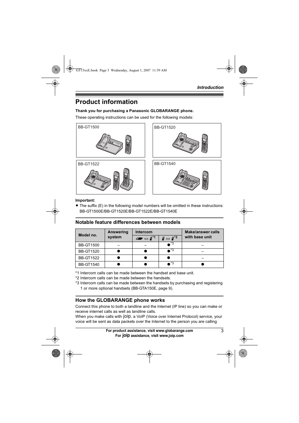 Introduction, Product information | Panasonic JOIP BB-GT1540E User Manual | Page 3 / 112
