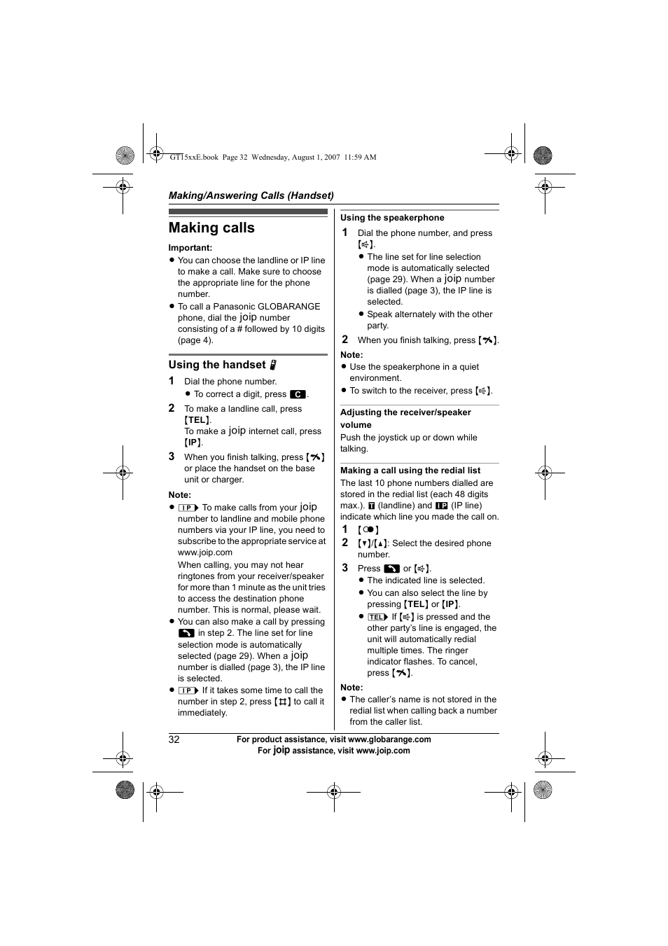 Making/answering calls (handset), Making calls | Panasonic JOIP BB-GT1540E User Manual | Page 32 / 112