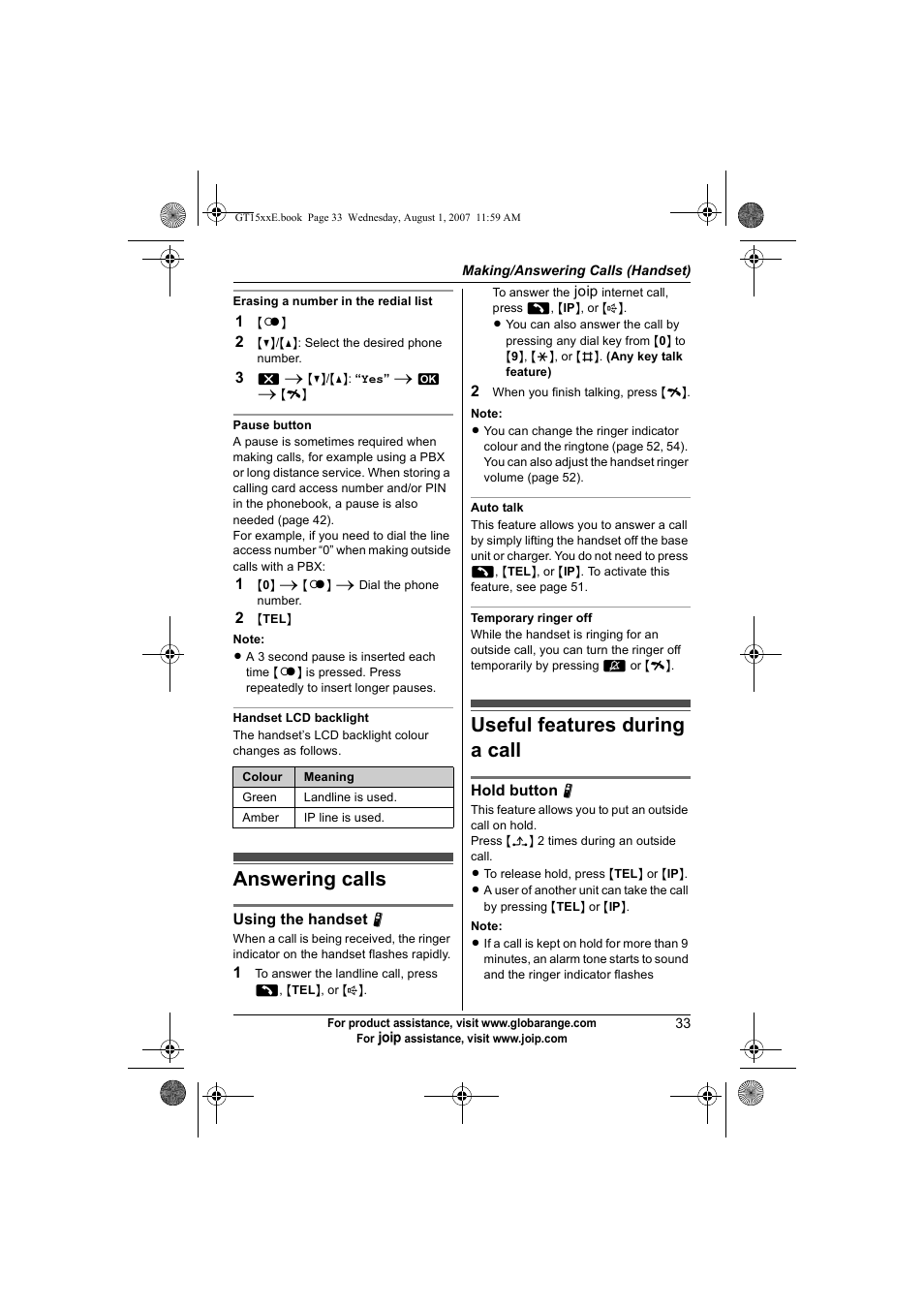Answering calls, Useful features during a call, Answering calls useful features during a call | Panasonic JOIP BB-GT1540E User Manual | Page 33 / 112
