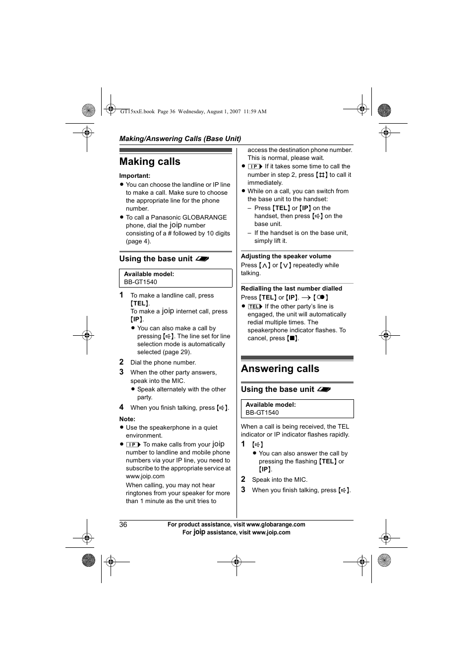 Making/answering calls (base unit), Making calls, Answering calls | Making calls answering calls | Panasonic JOIP BB-GT1540E User Manual | Page 36 / 112