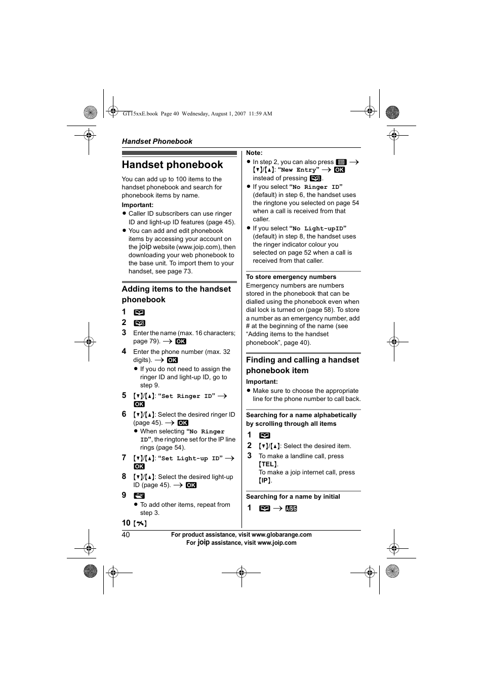 Handset phonebook | Panasonic JOIP BB-GT1540E User Manual | Page 40 / 112