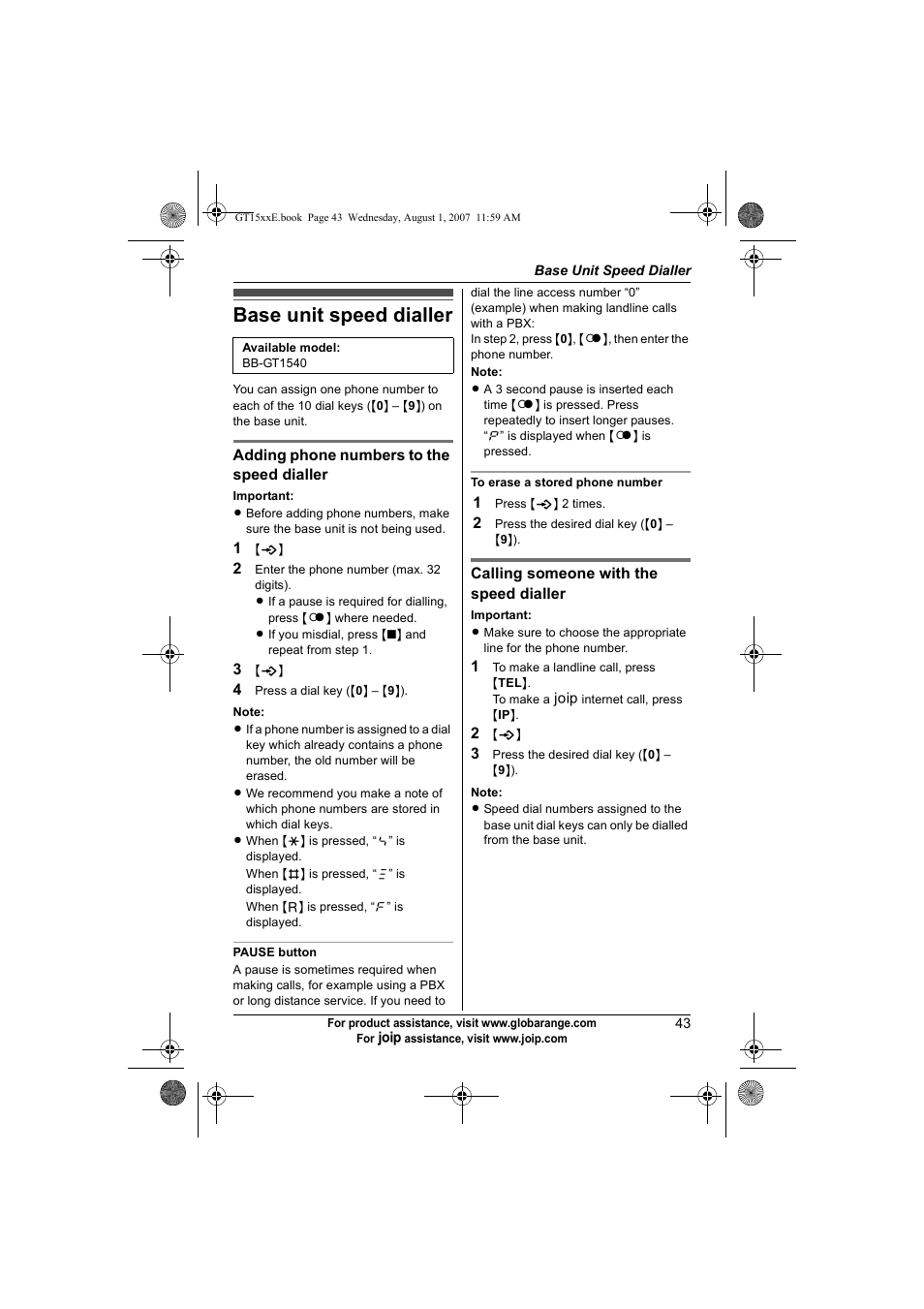 Base unit speed dialler | Panasonic JOIP BB-GT1540E User Manual | Page 43 / 112