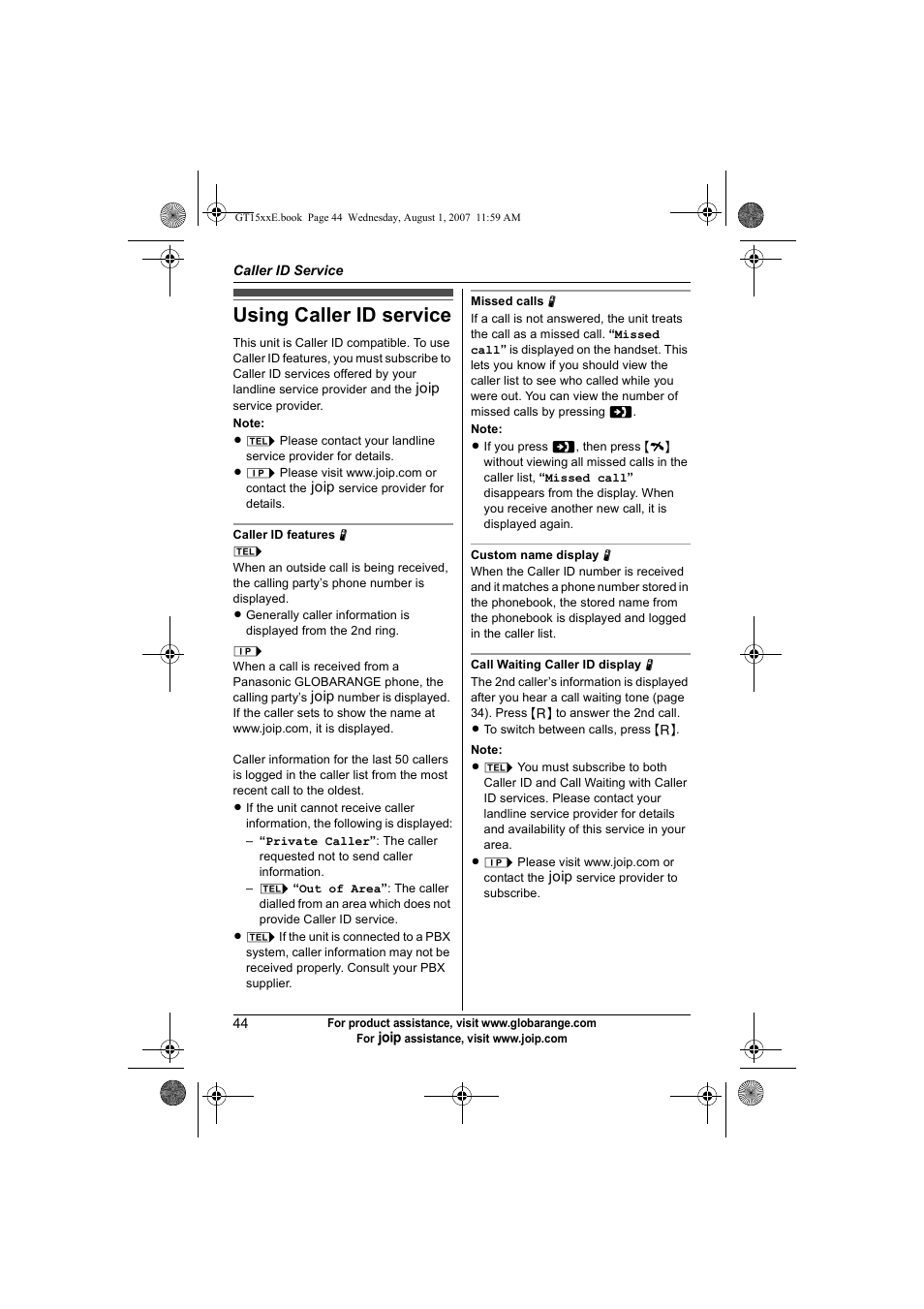 Caller id service, Using caller id service | Panasonic JOIP BB-GT1540E User Manual | Page 44 / 112