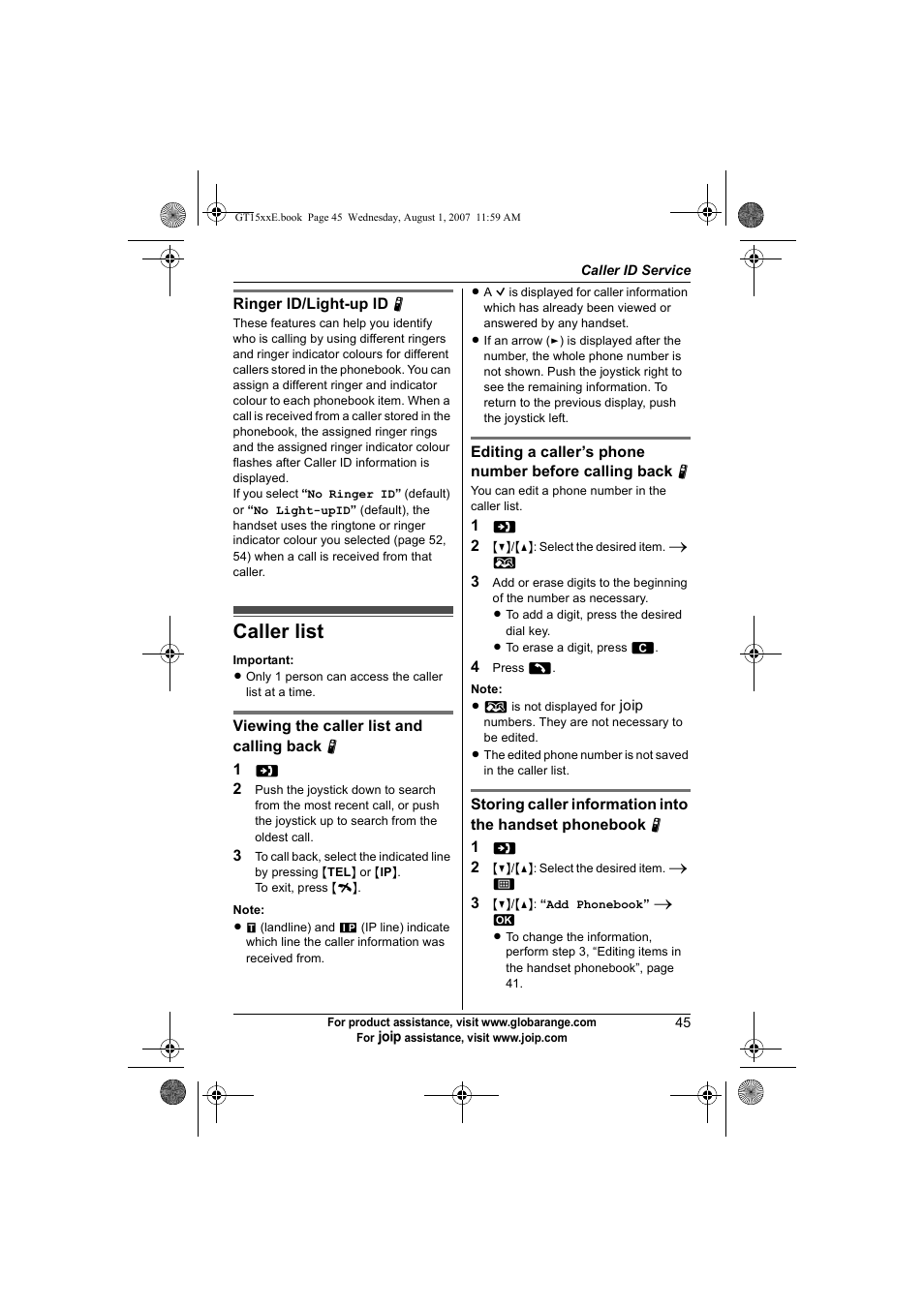 Caller list | Panasonic JOIP BB-GT1540E User Manual | Page 45 / 112
