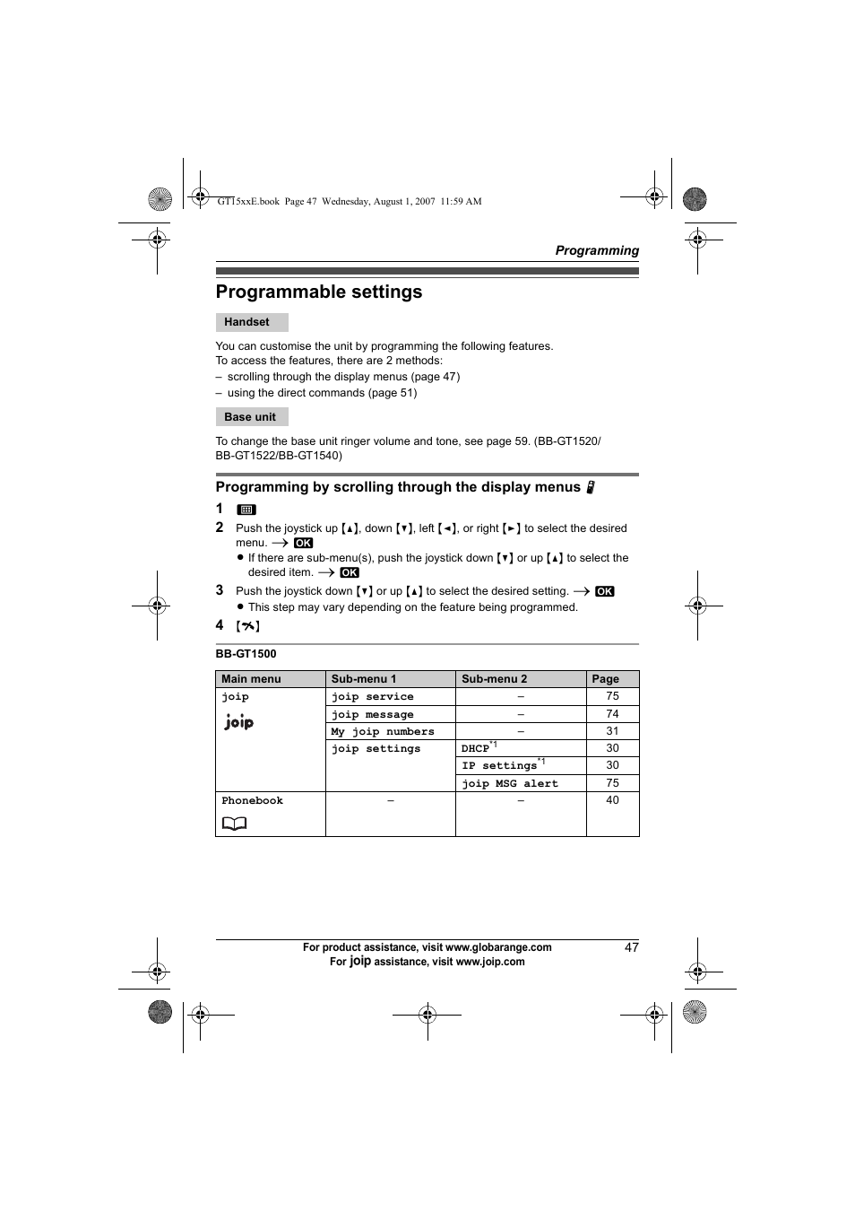 Programming, Programmable settings | Panasonic JOIP BB-GT1540E User Manual | Page 47 / 112