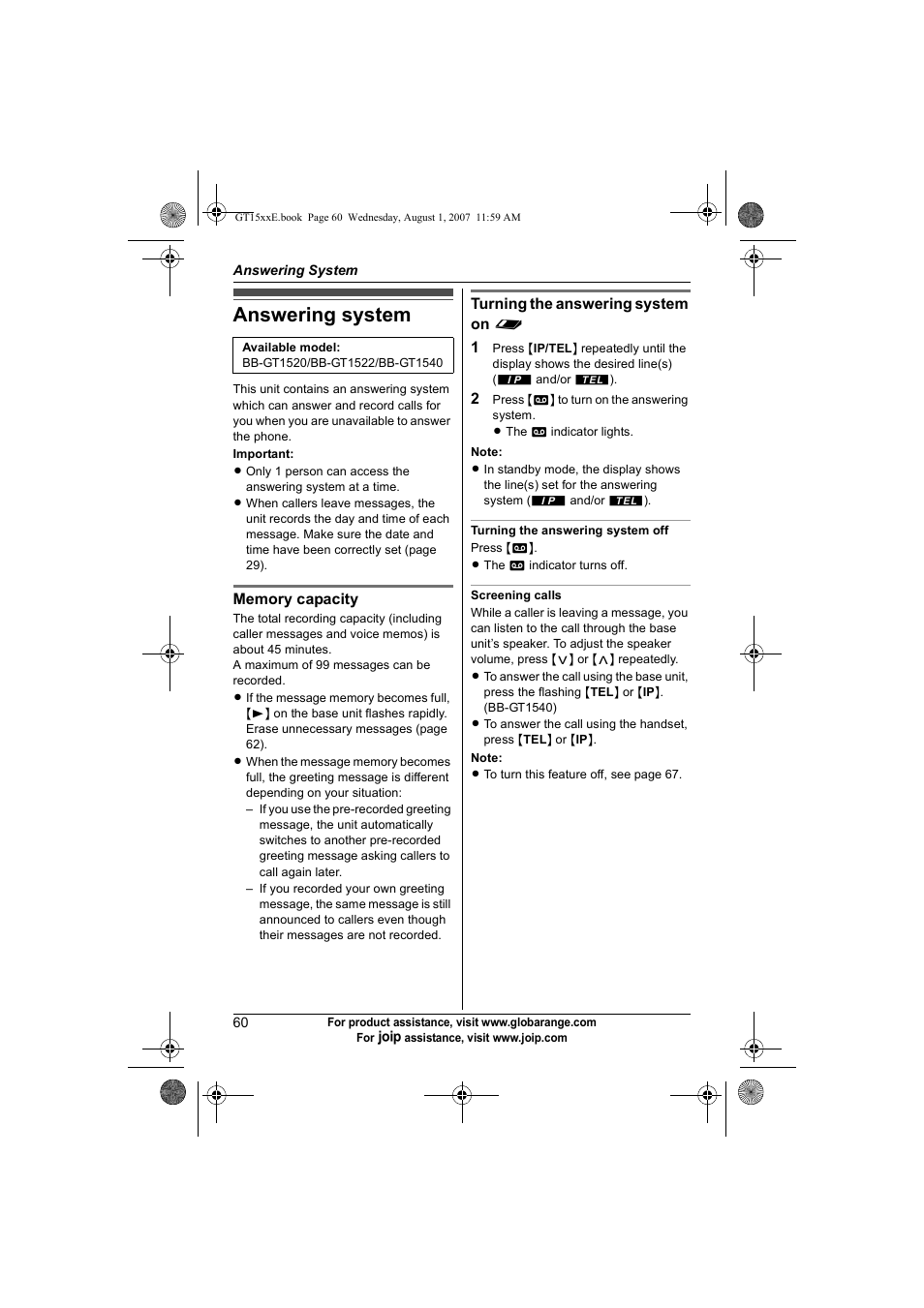 Answering system | Panasonic JOIP BB-GT1540E User Manual | Page 60 / 112