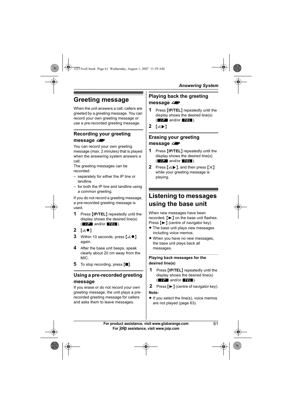 Greeting message, Listening to messages using the base unit | Panasonic JOIP BB-GT1540E User Manual | Page 61 / 112