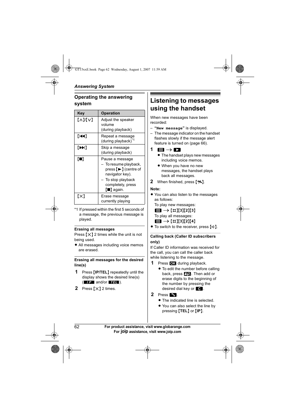 Listening to messages using the handset | Panasonic JOIP BB-GT1540E User Manual | Page 62 / 112