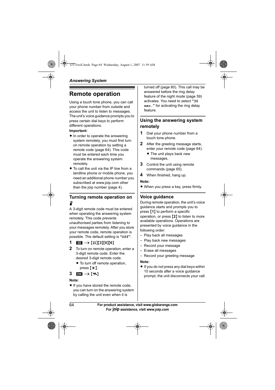 Remote operation | Panasonic JOIP BB-GT1540E User Manual | Page 64 / 112