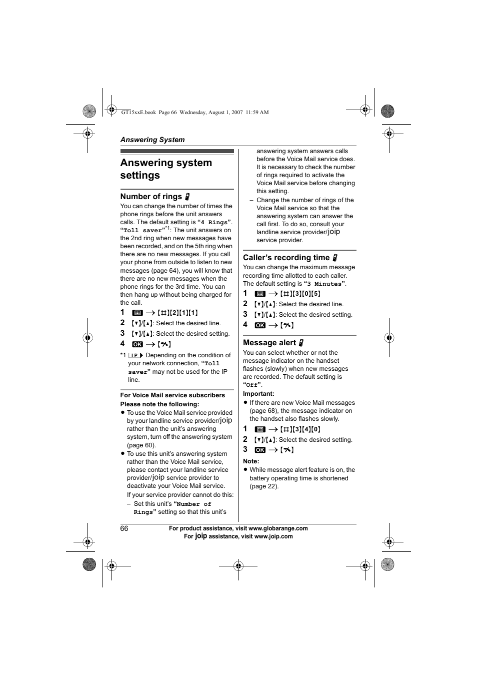 Answering system settings | Panasonic JOIP BB-GT1540E User Manual | Page 66 / 112
