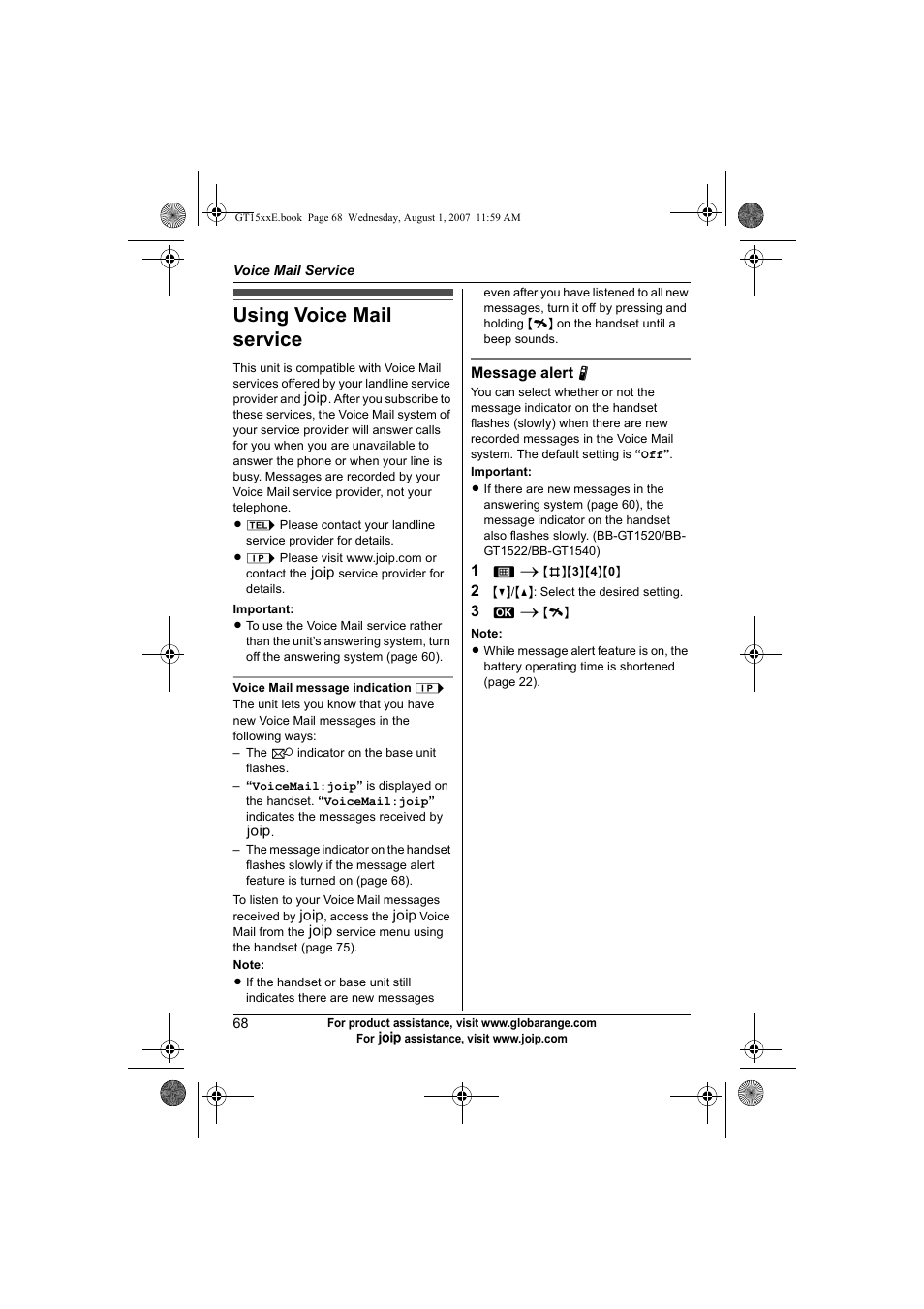 Voice mail service, Using voice mail service | Panasonic JOIP BB-GT1540E User Manual | Page 68 / 112