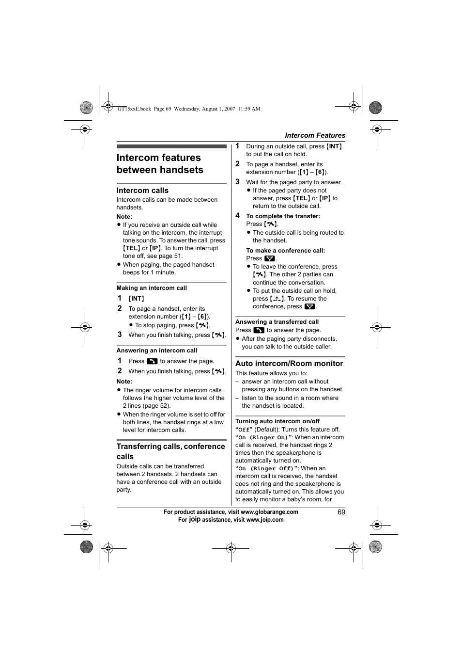 Intercom features, Intercom features between handsets, Intercom features between handsets 69 | Panasonic JOIP BB-GT1540E User Manual | Page 69 / 112