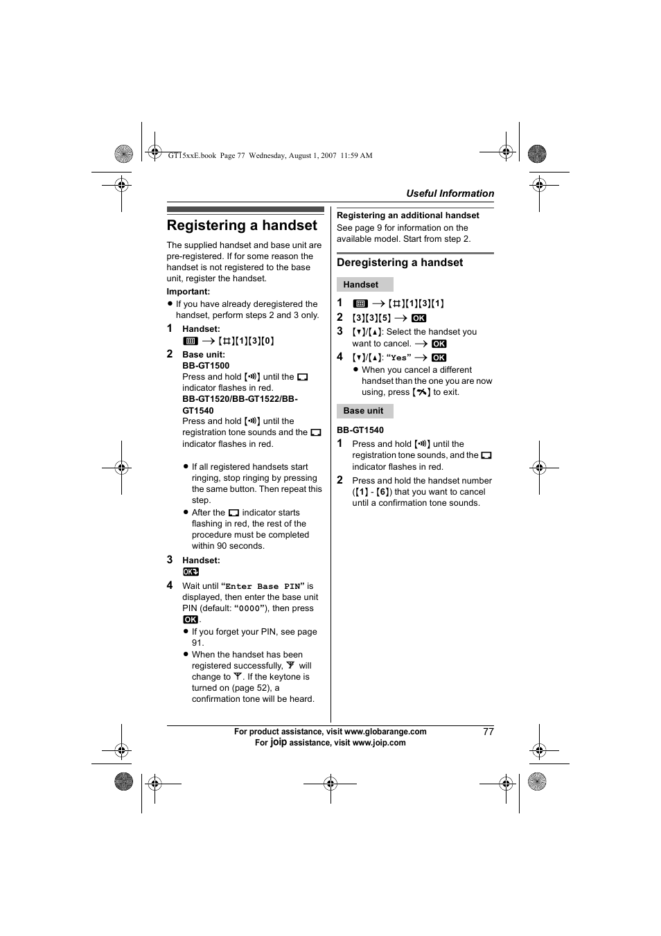 Registering a handset | Panasonic JOIP BB-GT1540E User Manual | Page 77 / 112