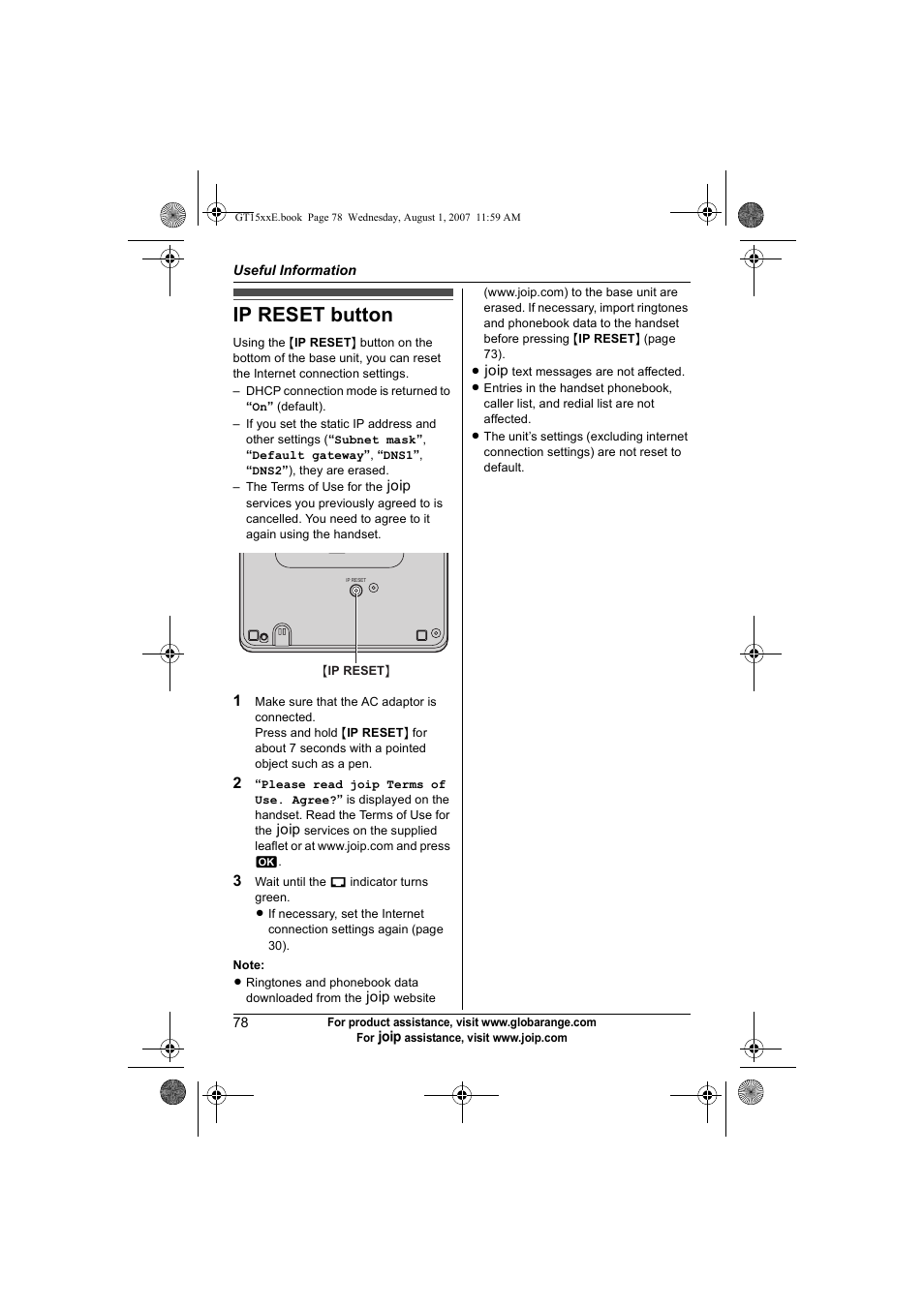 Ip reset button | Panasonic JOIP BB-GT1540E User Manual | Page 78 / 112