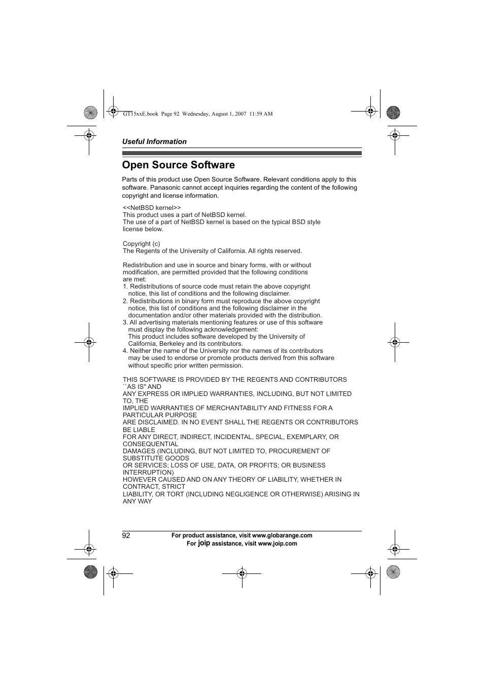 Open source software | Panasonic JOIP BB-GT1540E User Manual | Page 92 / 112