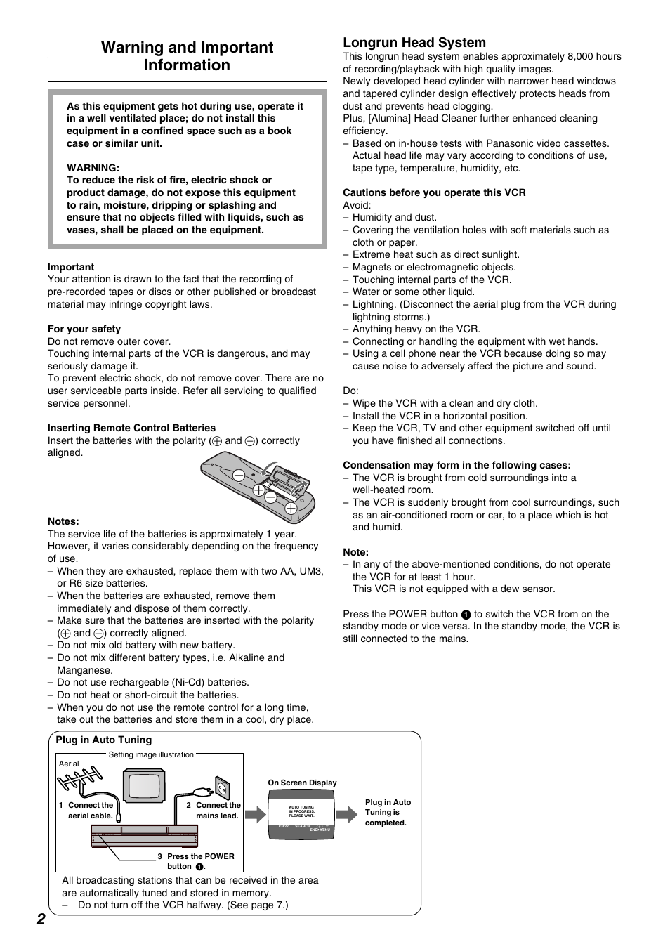 2warning and important information, Longrun head system | Panasonic NV-FJ730 User Manual | Page 2 / 30