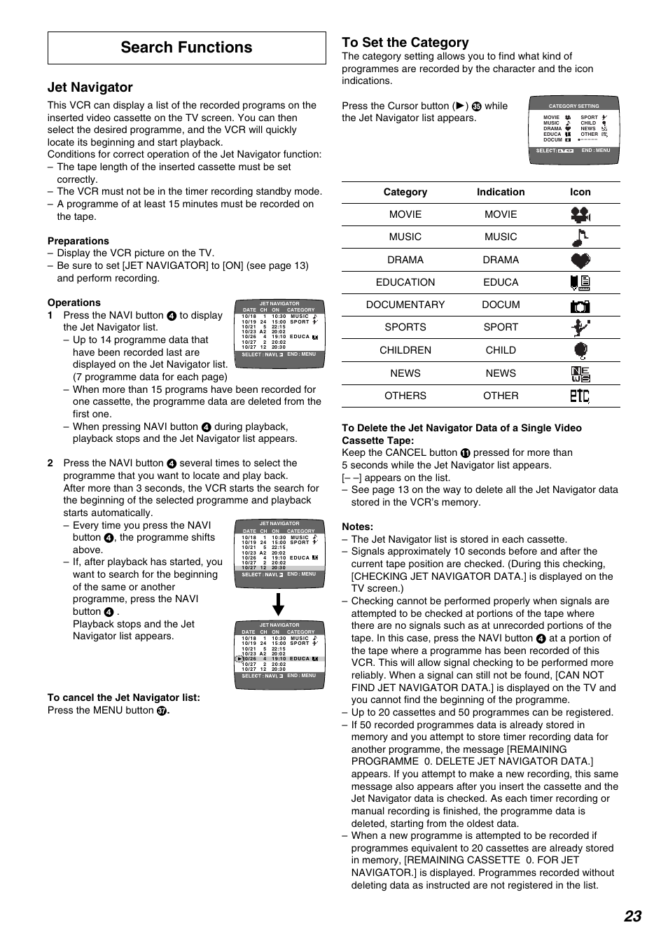 Search functions, Jet navigator | Panasonic NV-FJ730 User Manual | Page 23 / 30