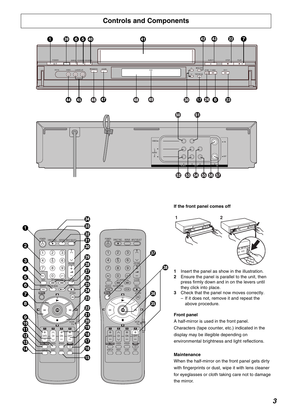 Controls and components, Uv t s | Panasonic NV-FJ730 User Manual | Page 3 / 30