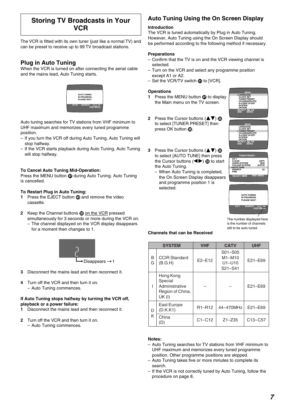 Storing tv broadcasts in your vcr, Auto tuning using the on screen display, Plug in auto tuning | Panasonic NV-FJ730 User Manual | Page 7 / 30