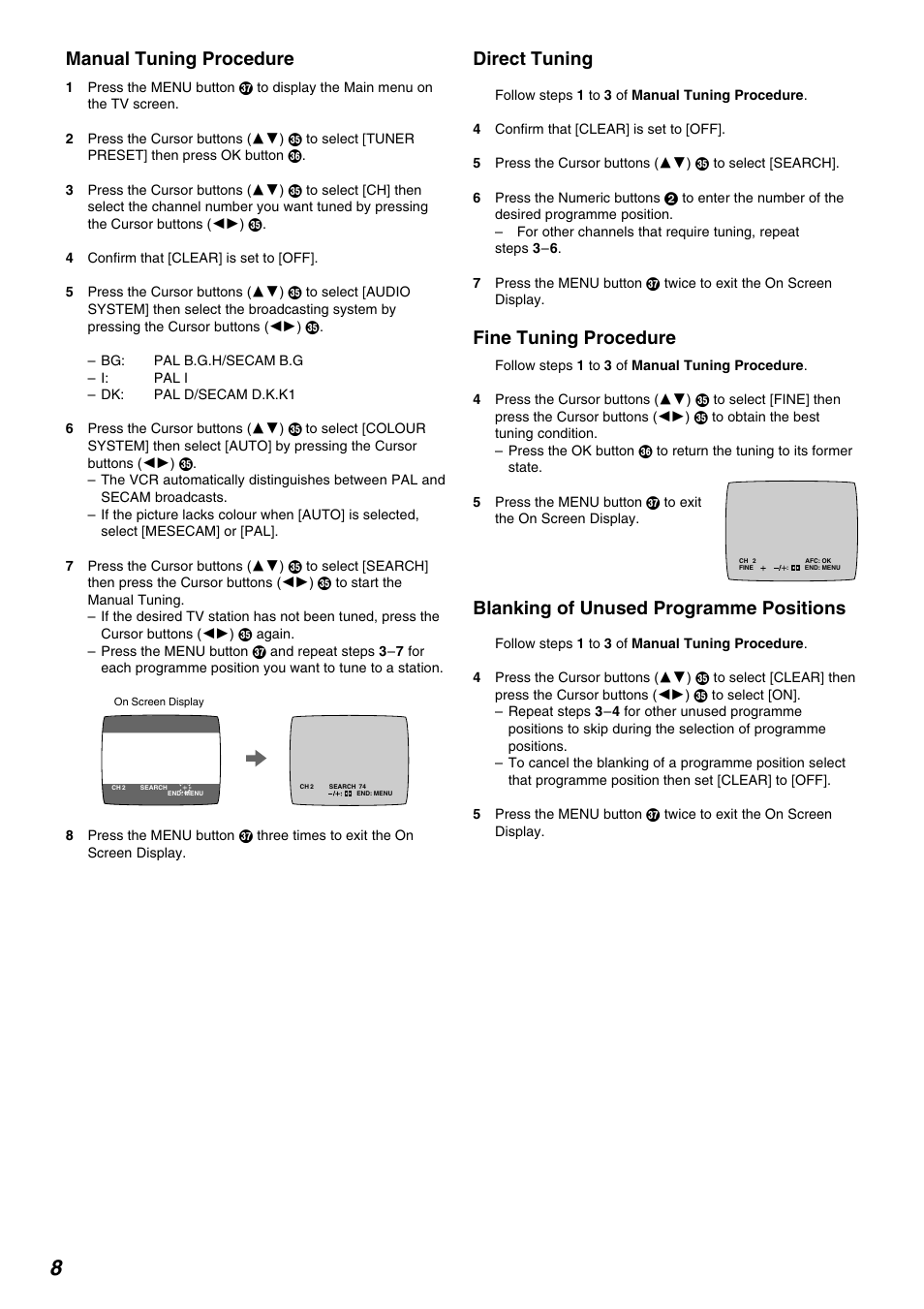 Manual tuning procedure, Direct tuning, Fine tuning procedure | Blanking of unused programme positions | Panasonic NV-FJ730 User Manual | Page 8 / 30