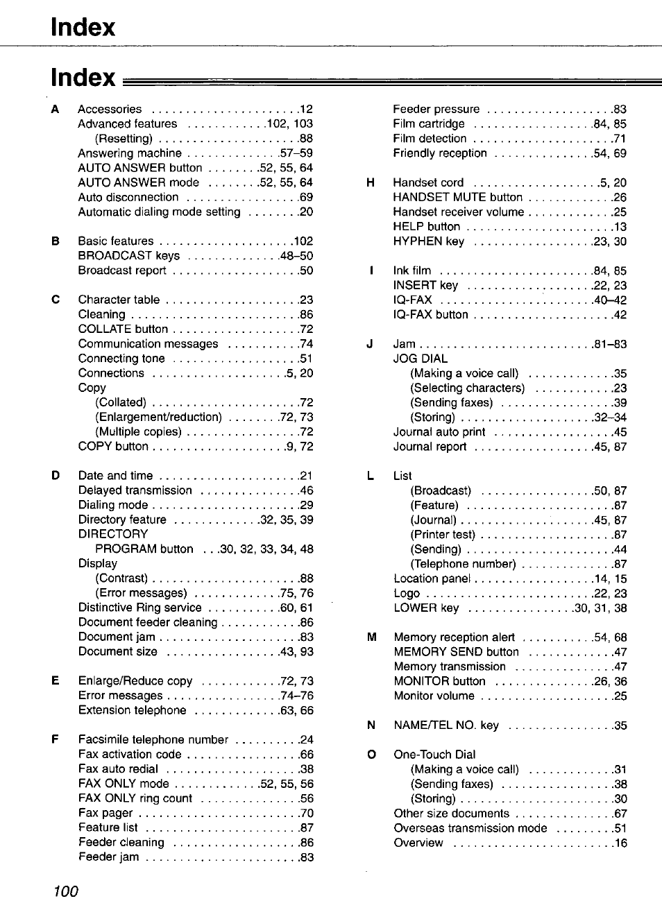 Index | Panasonic KX-FP101 User Manual | Page 100 / 104