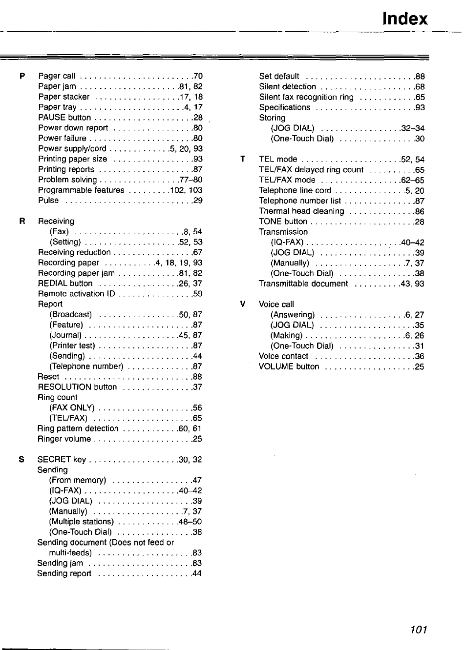 Index | Panasonic KX-FP101 User Manual | Page 101 / 104