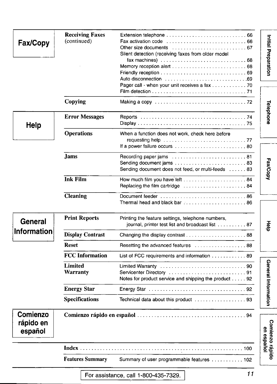 Receiving faxes, Copying, Error messages | Operations, Jams, Ink film, Cleaning, Print reports, Display contrast, Reset | Panasonic KX-FP101 User Manual | Page 11 / 104