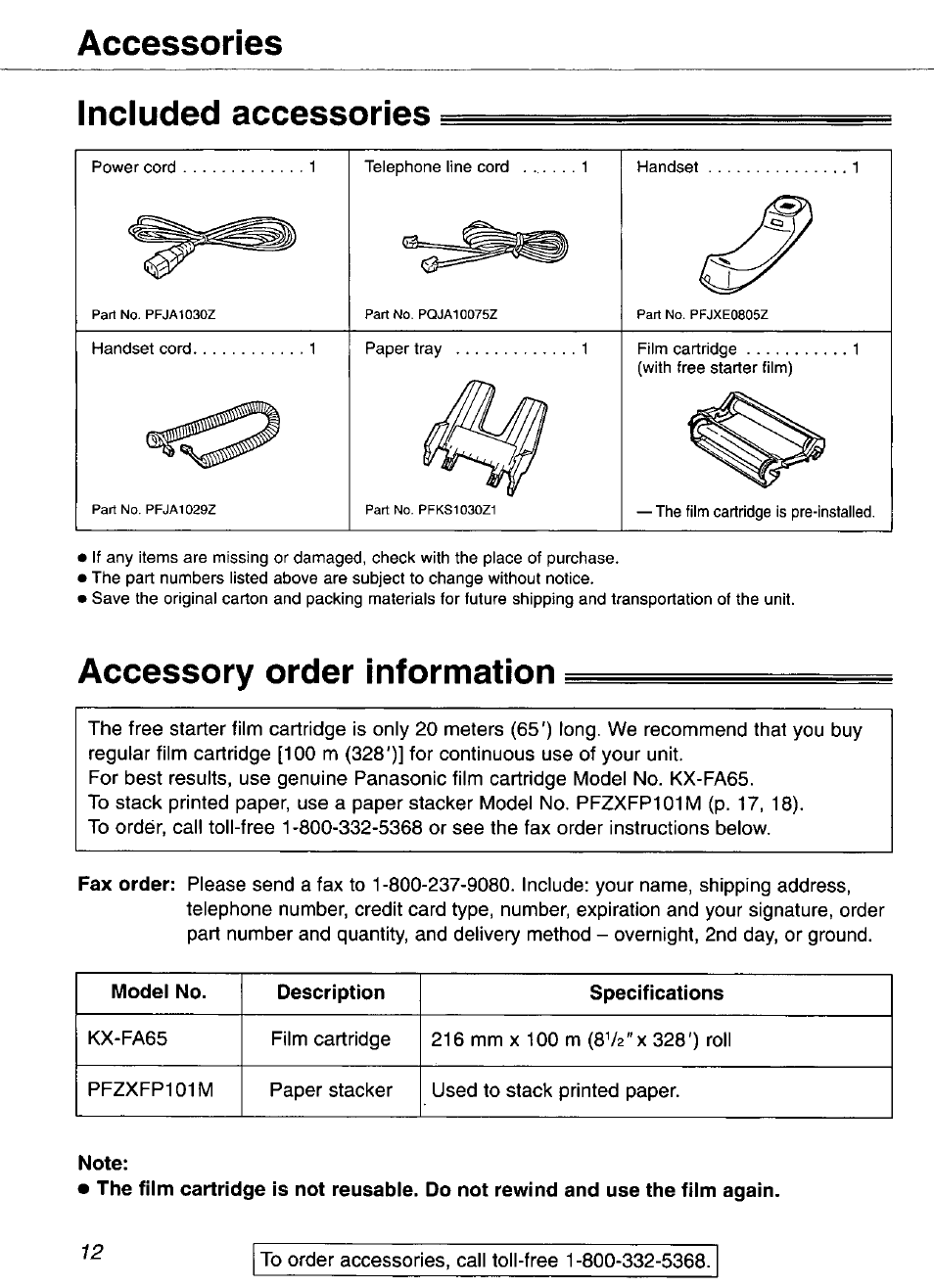 Accessories, Included accessories, Accessory order information | Note, Accessories included accessories | Panasonic KX-FP101 User Manual | Page 12 / 104