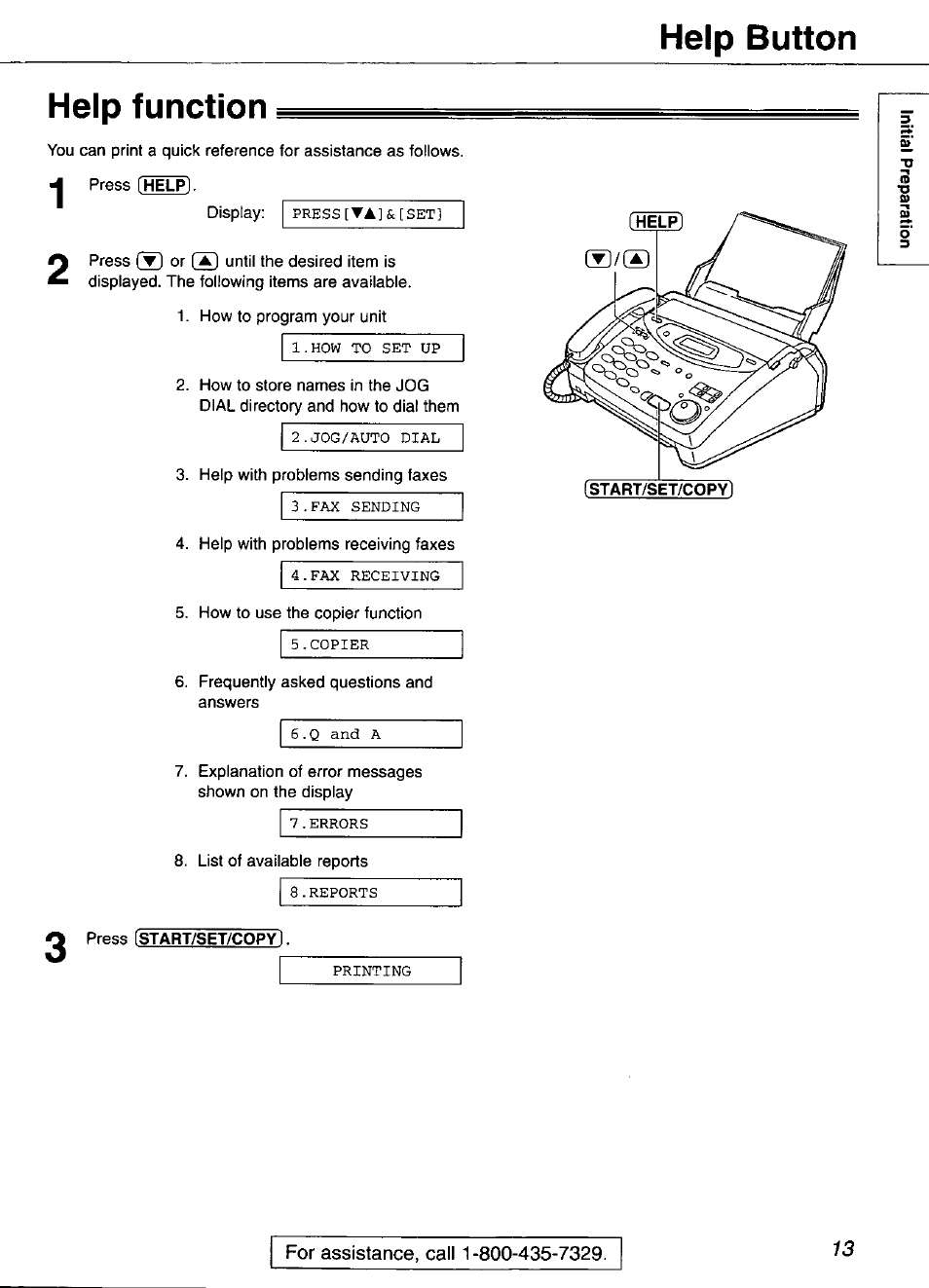 Help function, Help button | Panasonic KX-FP101 User Manual | Page 13 / 104