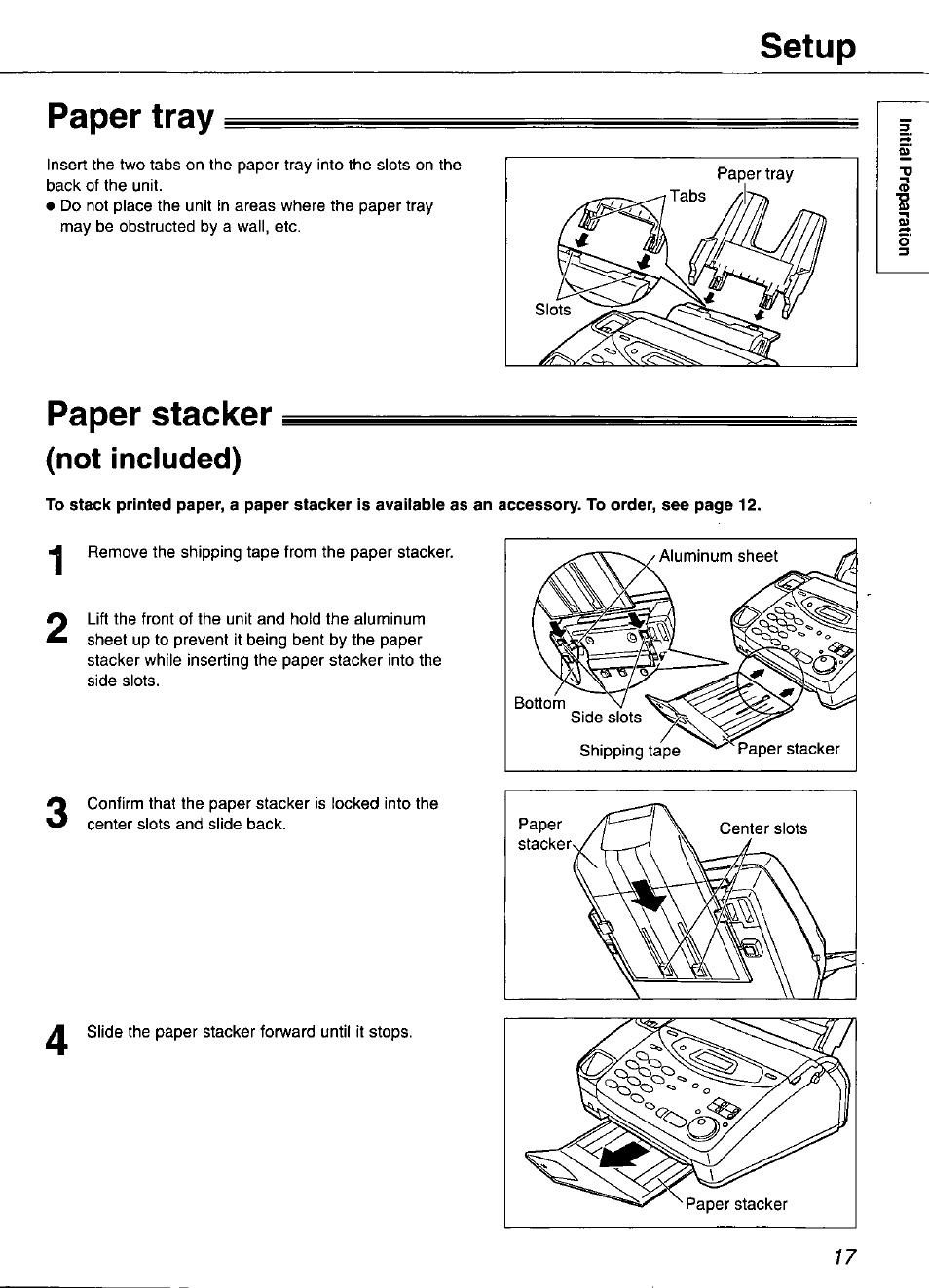 Paper tray, Paper stacker, Not included) | Setup | Panasonic KX-FP101 User Manual | Page 17 / 104