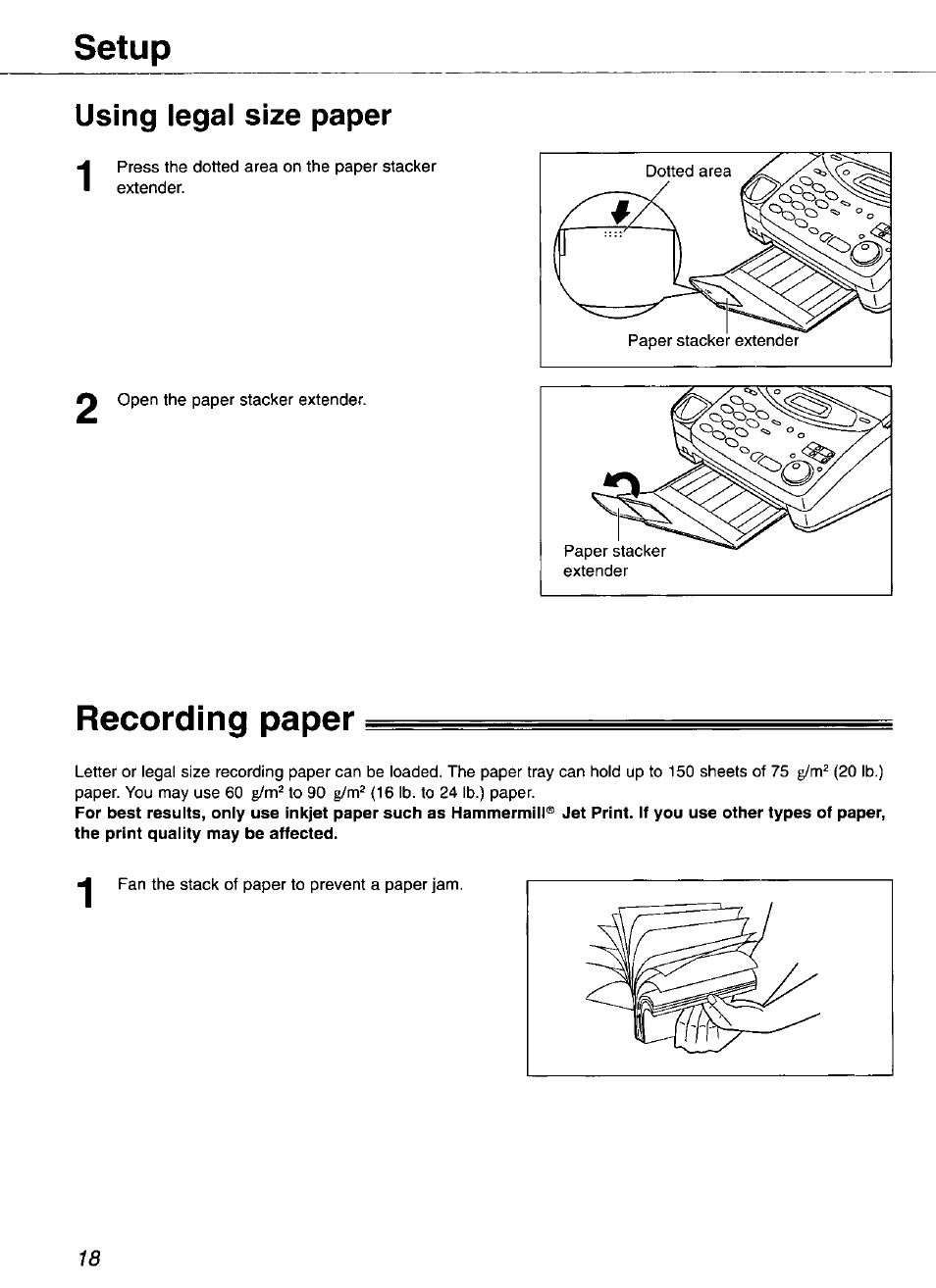 Using legal size paper, Recording paper, Setup | Panasonic KX-FP101 User Manual | Page 18 / 104