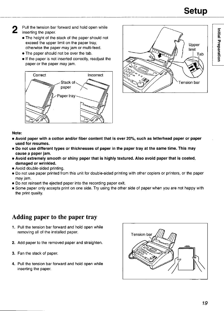 Note, Adding paper to the paper tray, Setup | Panasonic KX-FP101 User Manual | Page 19 / 104