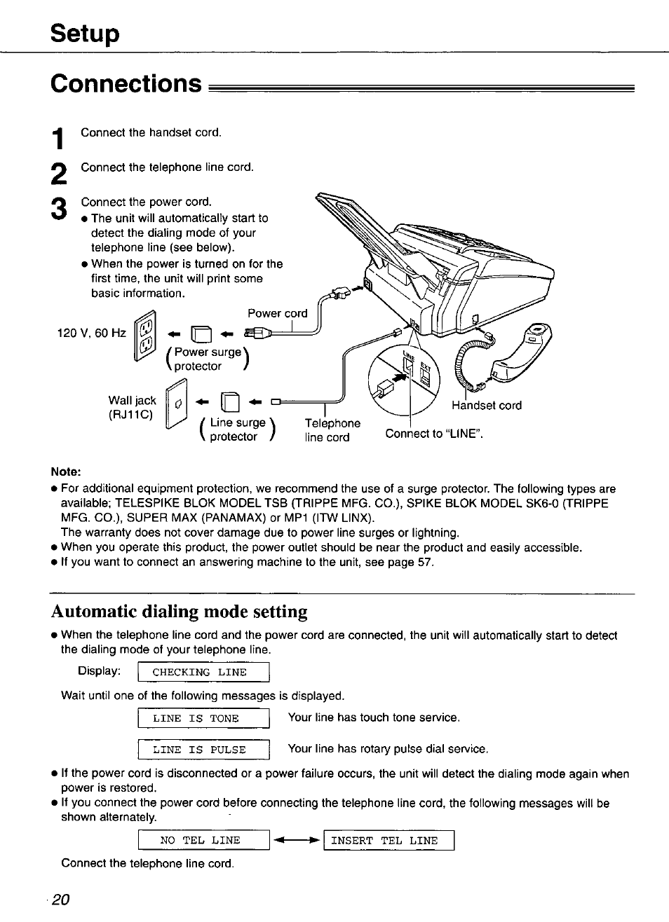 Connections, Note, Automatic dialing mode setting | Setup | Panasonic KX-FP101 User Manual | Page 20 / 104