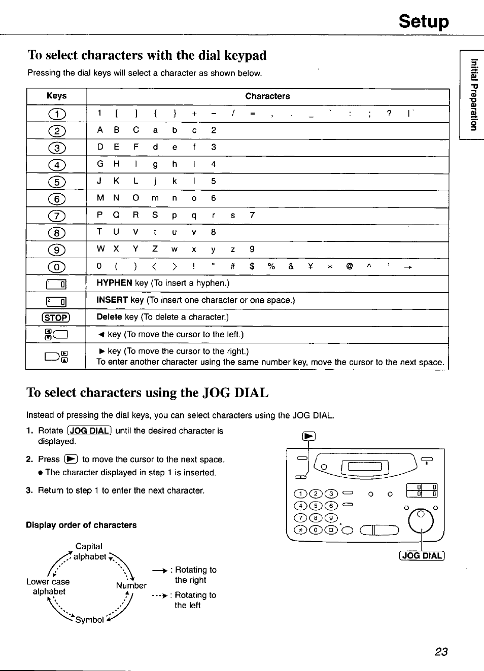 To select characters with the dial keypad, To select characters using the jog dial, Display order of characters | Setup, 1 ^ al | Panasonic KX-FP101 User Manual | Page 23 / 104