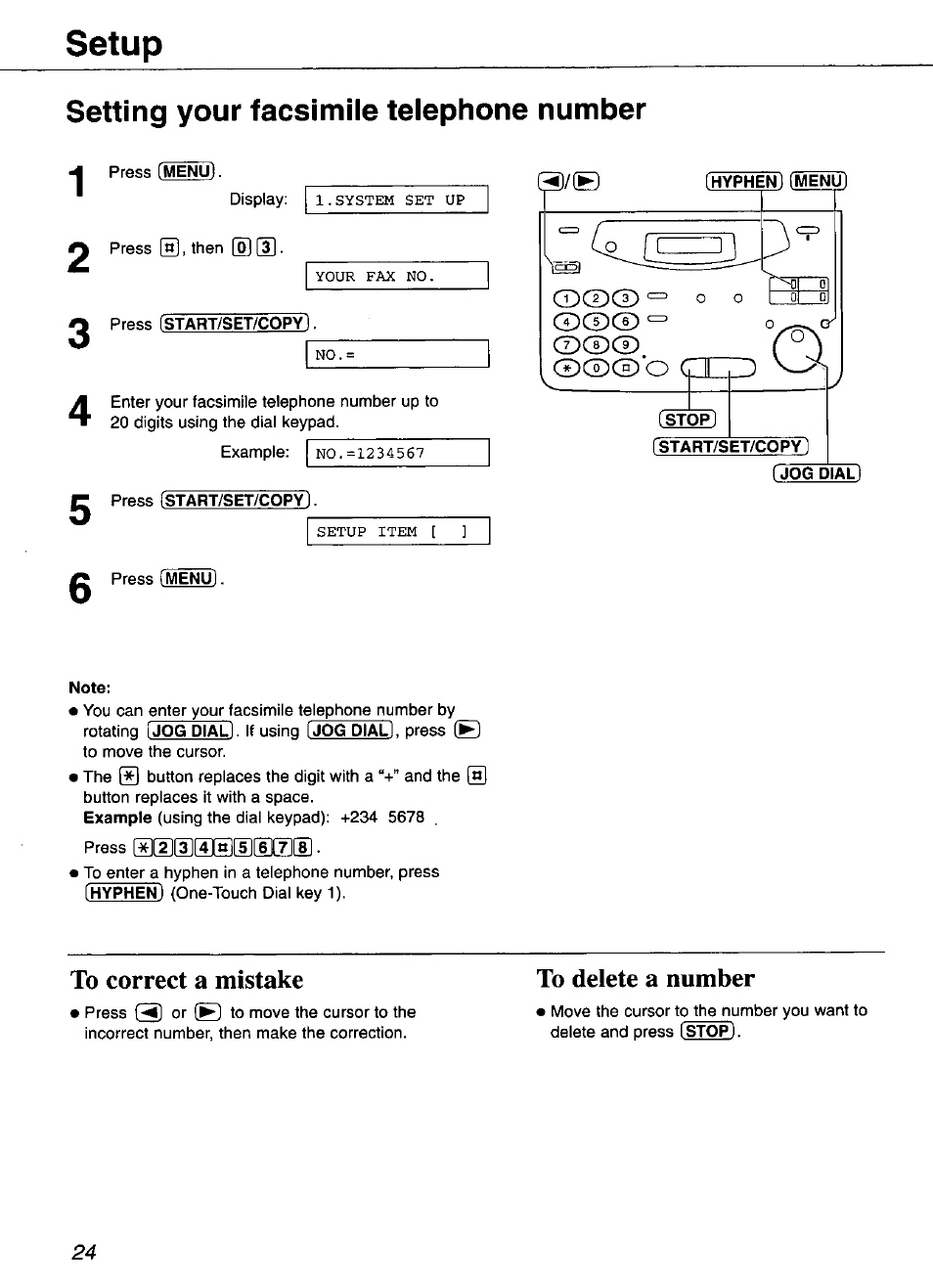 Setting your facsimile telephone number, Hyphen) [menu, Stop] istart/set/copy | To correct a mistake, To delete a number, Setup, Setup item t | Panasonic KX-FP101 User Manual | Page 24 / 104